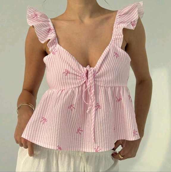 New Fashionable Sweet Bowknot Backless Ruffle Sleeve Waisted Babydoll A-Line Top - Picture 1 of 4